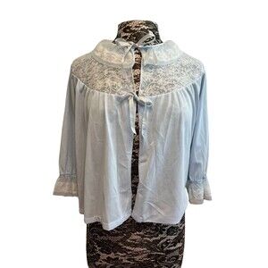 Vintage 50s 60s Sears Chamode Lingerie Bed Jacket Light Blue Lace Bows 3/4 Slv M